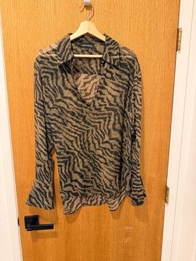 Retrofete Taupe and Black Zebra-Striped Semi-Sheer Button-Down